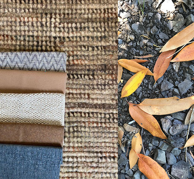 Collage of fabrics laid over rug with muddy tones side by side vibrant leaves